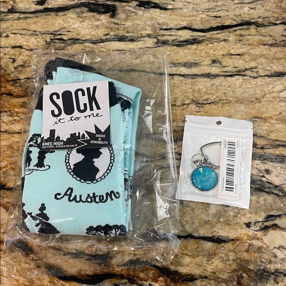 Jane Austen socks and key chain-new